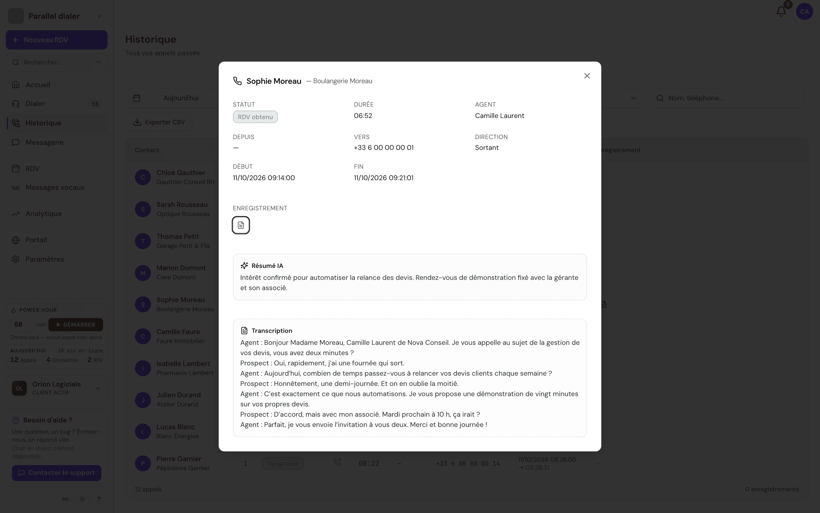 Fiche d'un appel avec le résumé rédigé par l'IA et la transcription